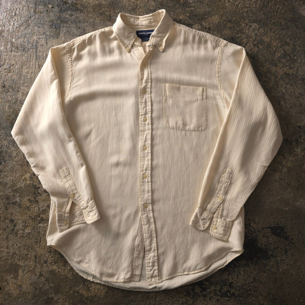Vintage 90s Ralph Lauren Cream Button Up Shirt M Silk Linen Tilden Herringbone